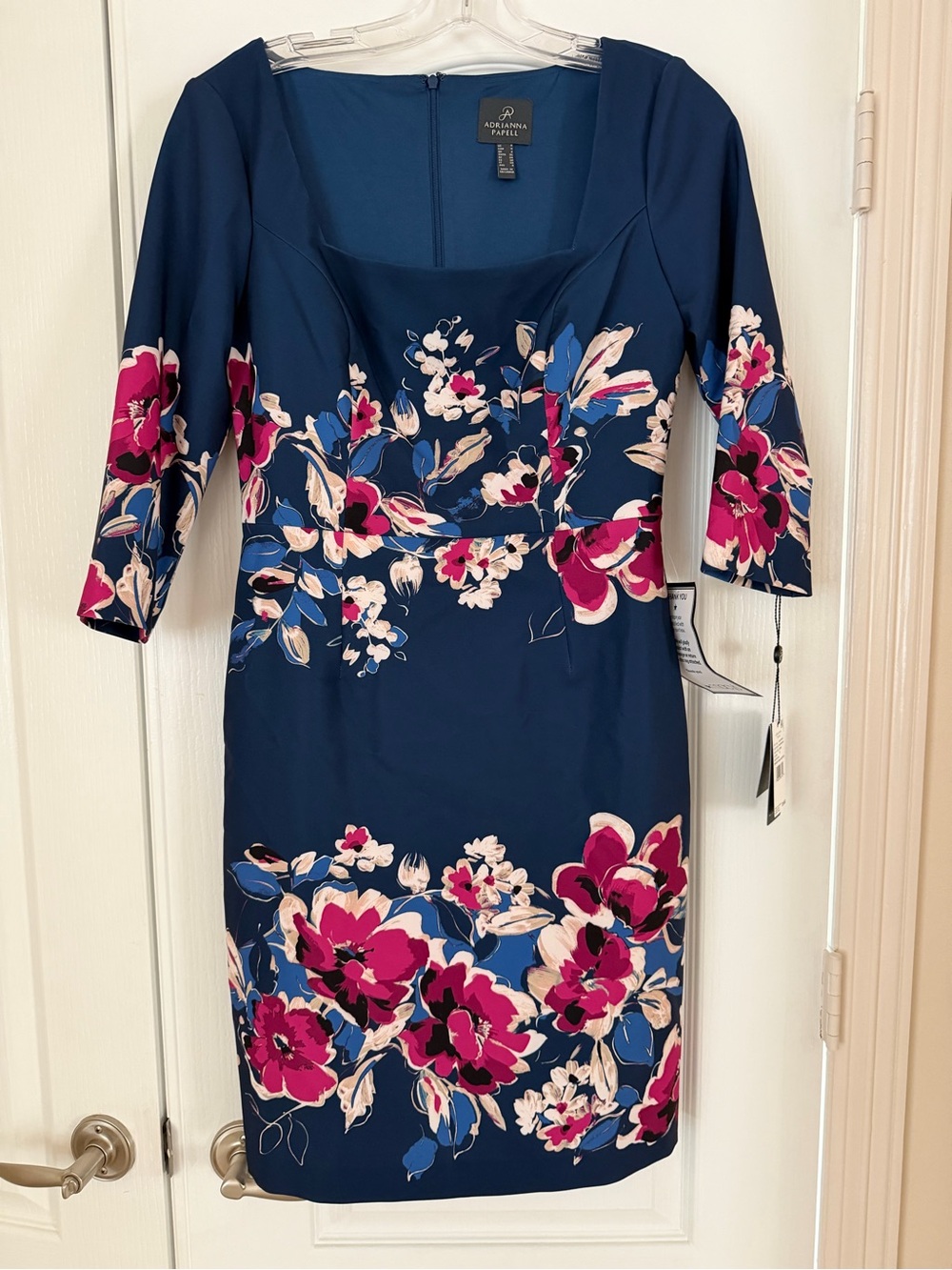 Adrianna Papell Navy Floral Square-Neck Sheath Dress